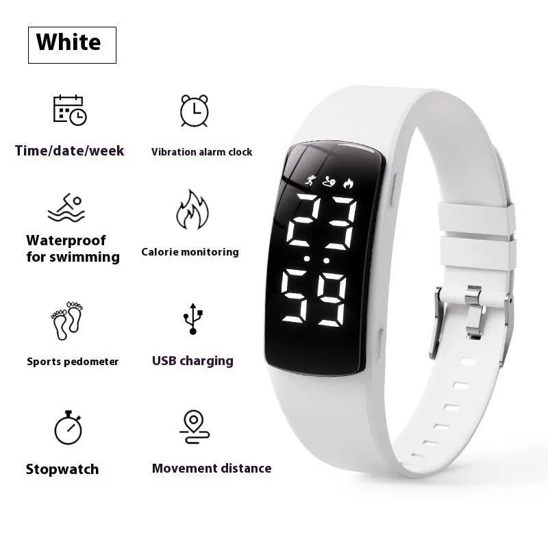 Waterproof vibration alarm clock watch with black silicone strap and LED display showing time