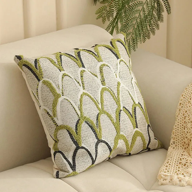 Square jacquard cushion cover with detailed plant and flower pattern in Nordic retro style.