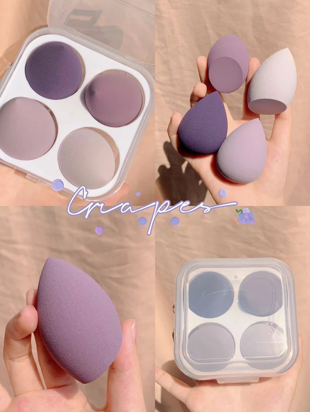 Four makeup sponge eggs in colours grape, mango, mint, and peach on a white background.