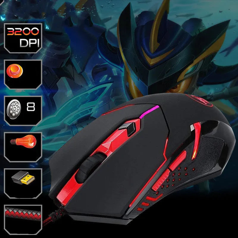 Black and red ergonomic USB wired gaming mouse with six buttons on a desk.