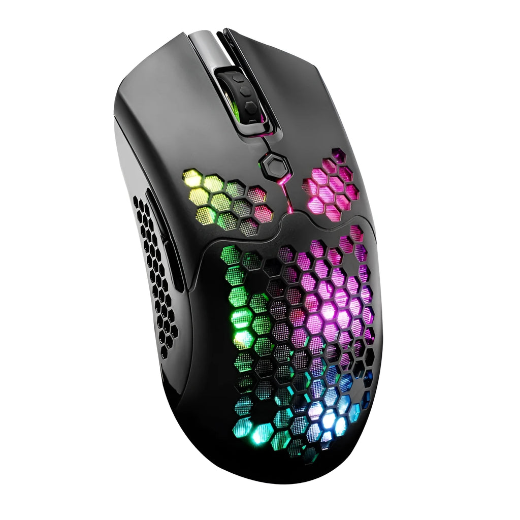 Free Wolf X2 wireless RGB gaming mouse in black, green, pink, white, and yellow colours on a desk