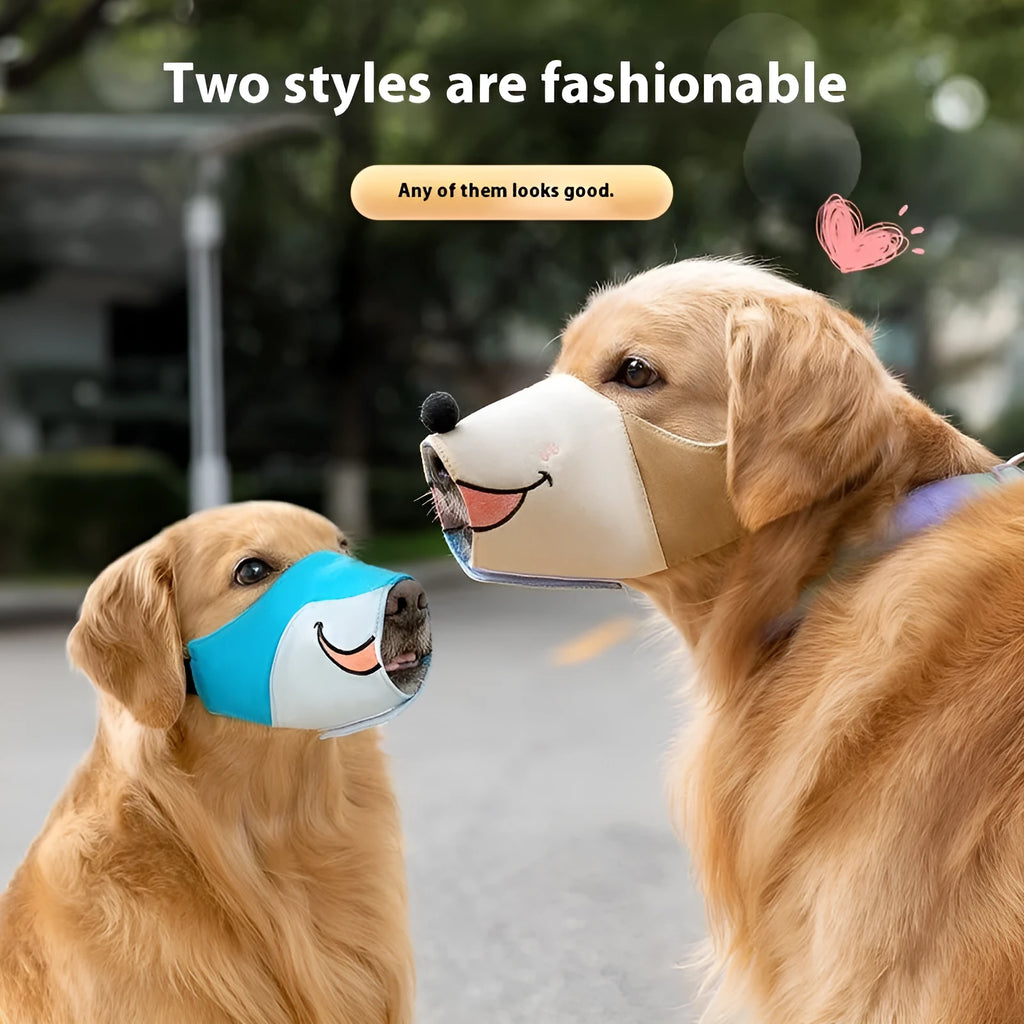 Canvas dog muzzle in Ollie Brown Bear or Bondi Blue Shark colour, shown in S, M, L, XL sizes for weight-based fitting.
