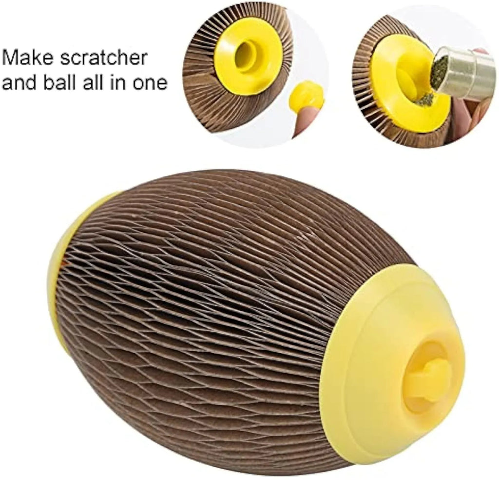 Ellipse-shaped catnip ball toy made of brown corrugated paper for scratching and play.