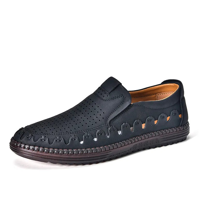Men's brown slip-on leather casual shoes with round toe and flat PVC sole