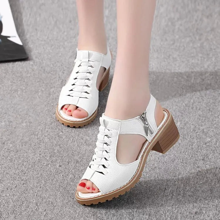 Women's retro sandals with side zipper in black, creamy white, or white on a beef tendon sole