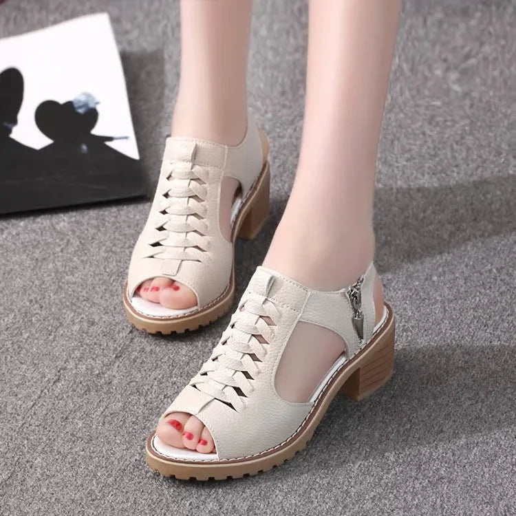 Women's retro sandals with side zipper in black, creamy white, or white on a beef tendon sole