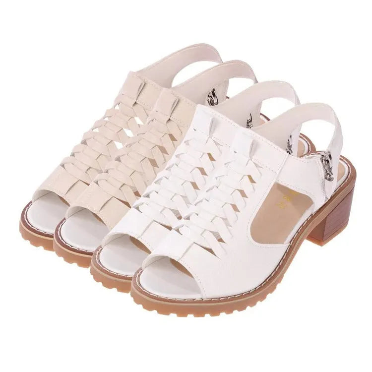 Women's retro sandals with side zipper in black, creamy white, or white on a beef tendon sole