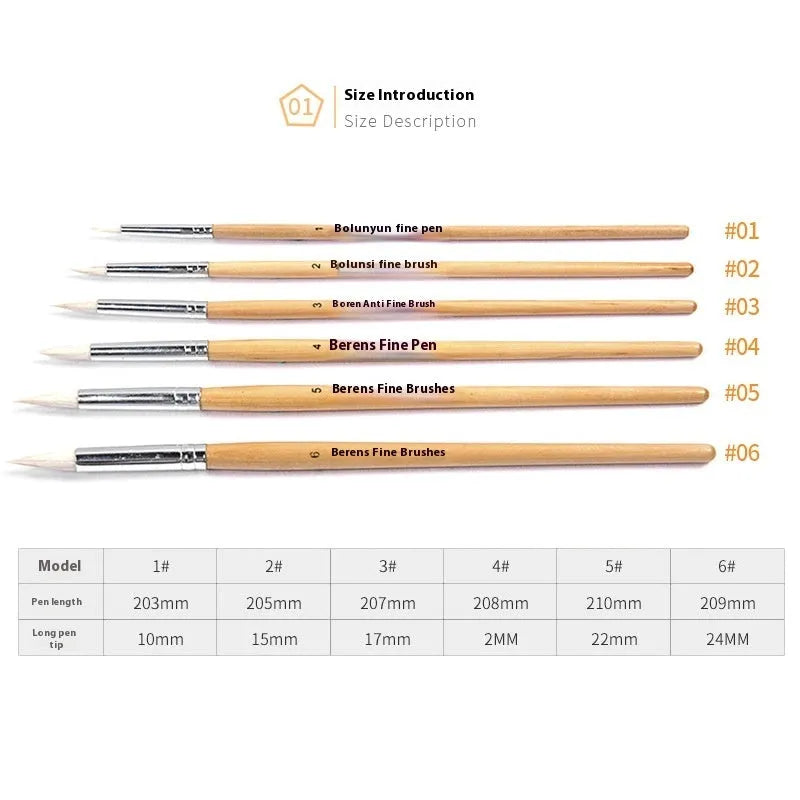 Six wooden-handled art brushes with pointed wool tips arranged together