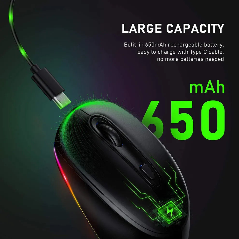 24g rechargeable wireless mouse in various colours showing ergonomic shape and USB cable