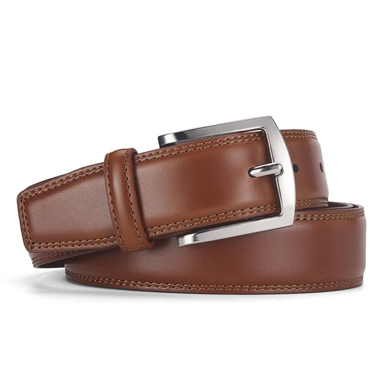 Men's genuine leather belt with alloy pin buckle in classic black showing length measurement and two-layer cowhide construction