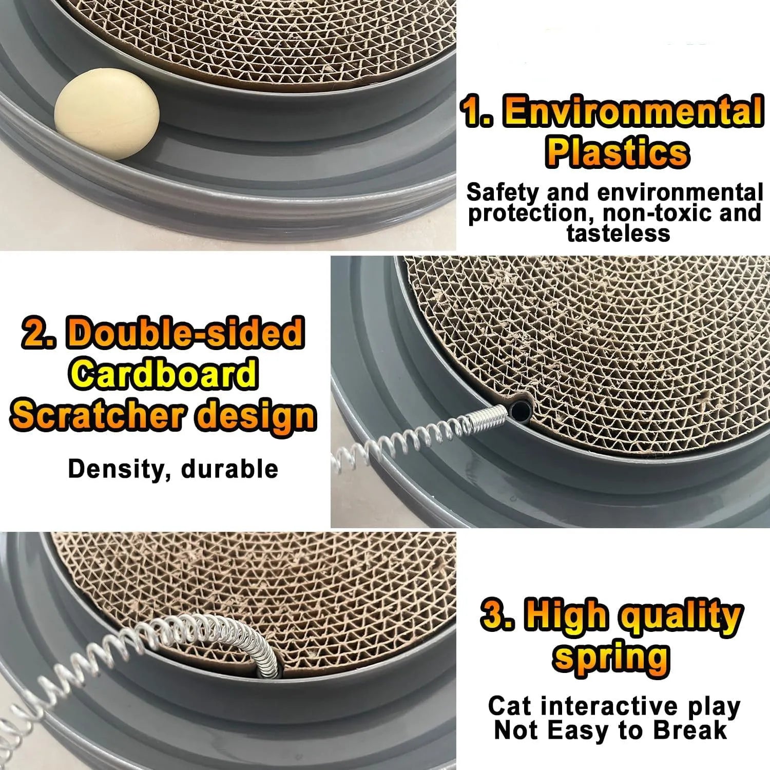 Circular blue cat scratcher with rolling ball track and replaceable corrugated cardboard centre pad