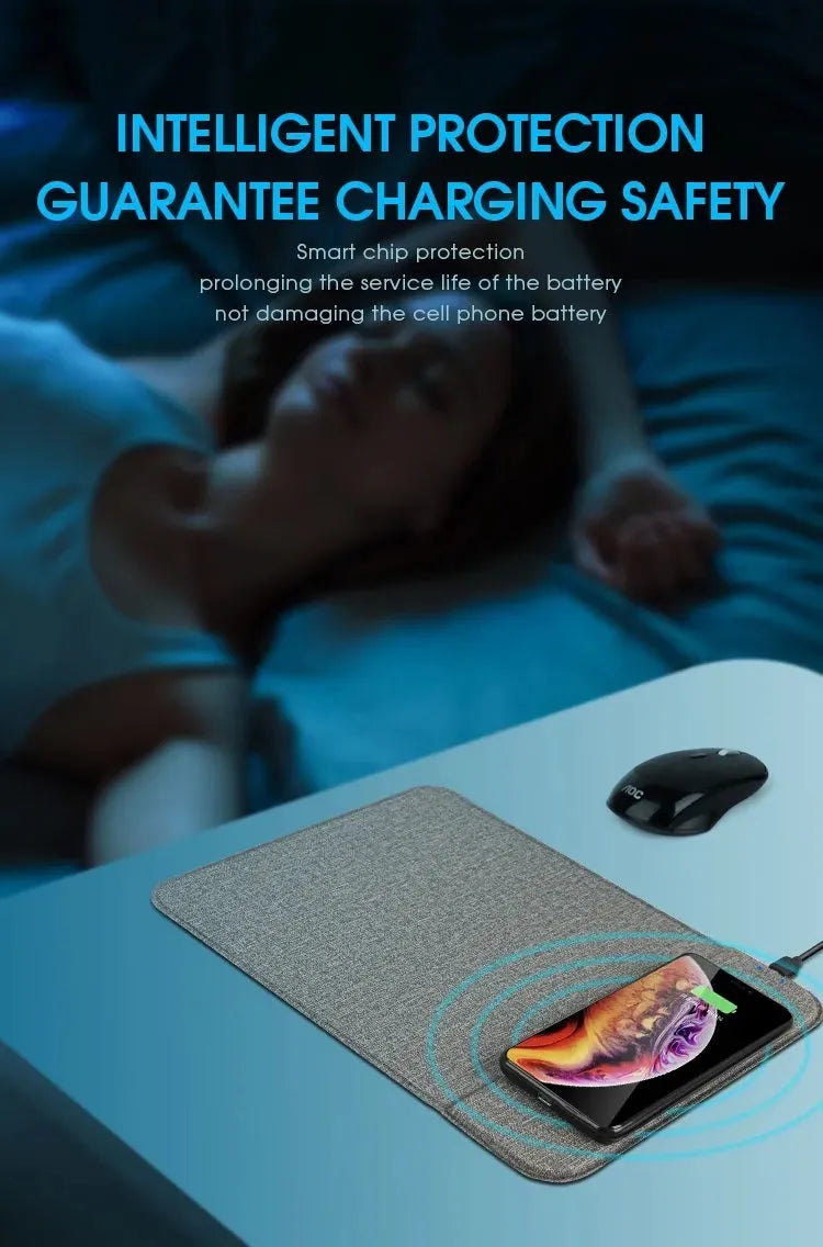 Foldable cloth wireless phone charging holder showing 10W power and 8mm charging distance.