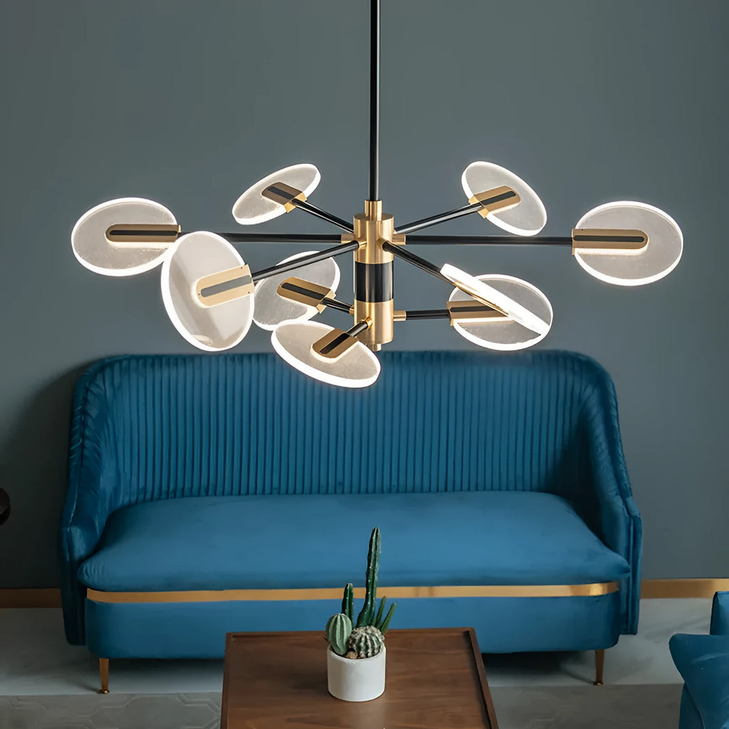 Nordic style iron frame LED chandelier with acrylic shades in a multi-head pendant lamp design.