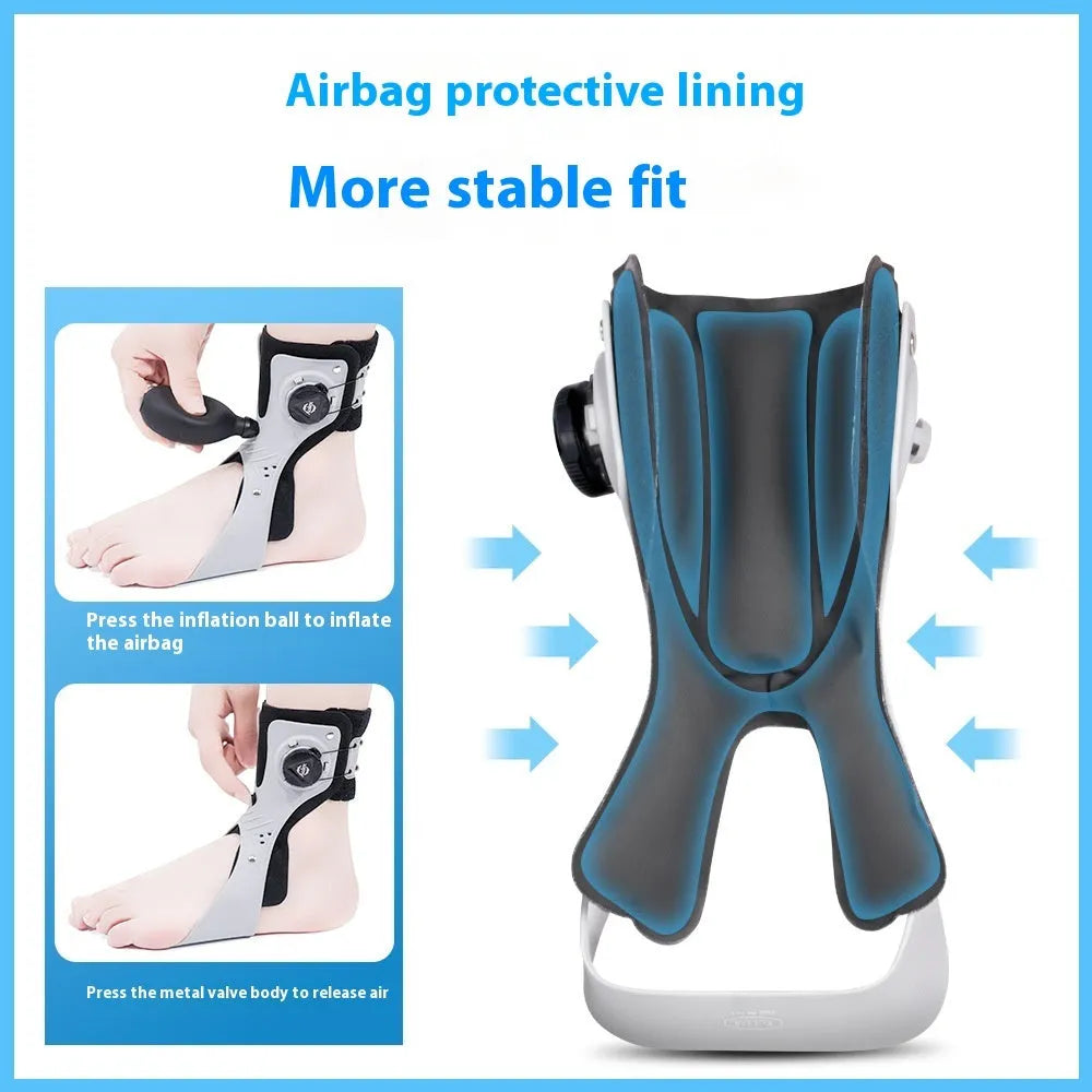 Grey and black airbag button ankle support brace shown on left and right foot