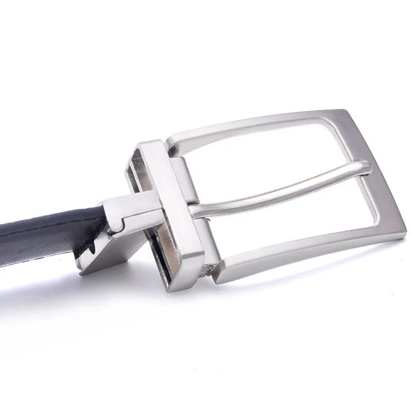 Men's brown black genuine leather belt with rotating alloy pin buckle showing length options