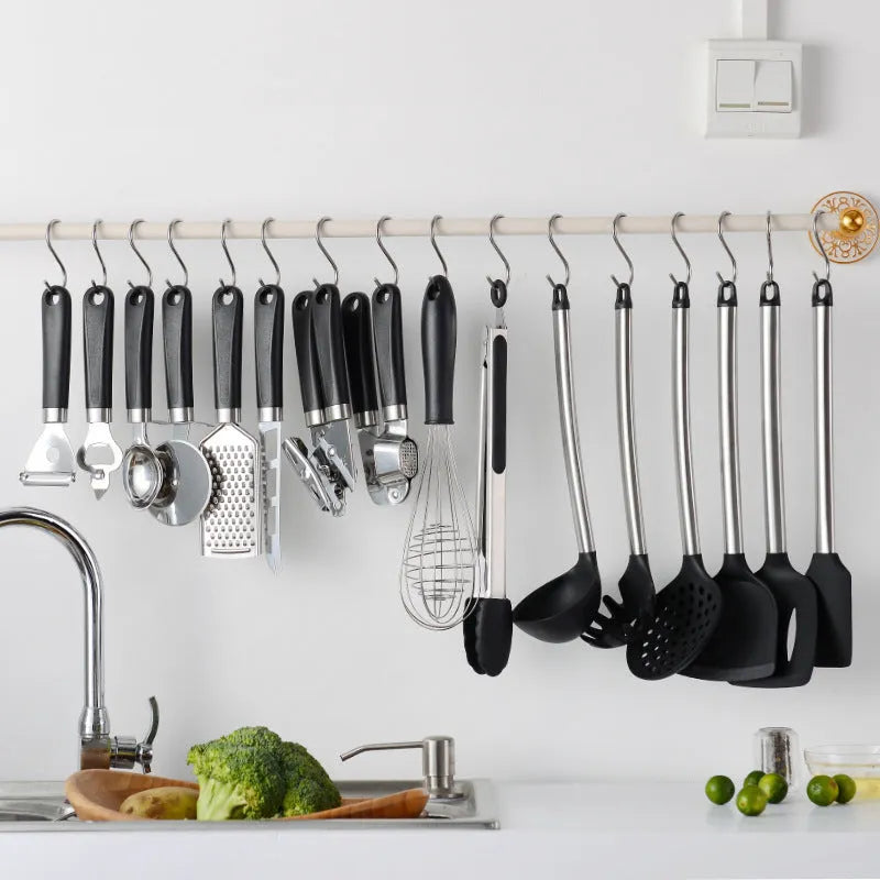 Black silicone cooking spatula spoon set with stainless steel handles, 16 pieces