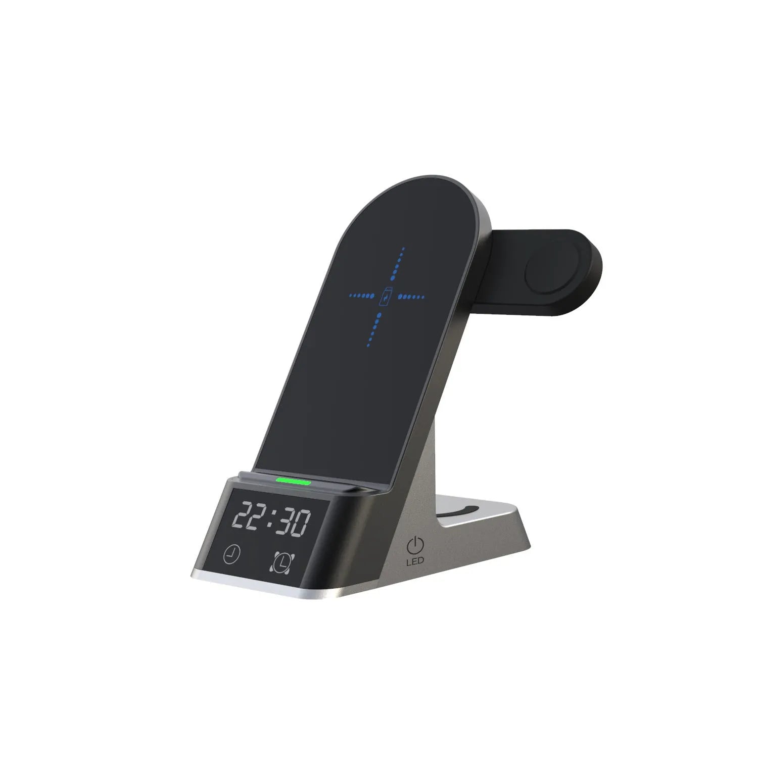 Black six-function wireless charging alarm clock with phone, watch and earphone charging outputs