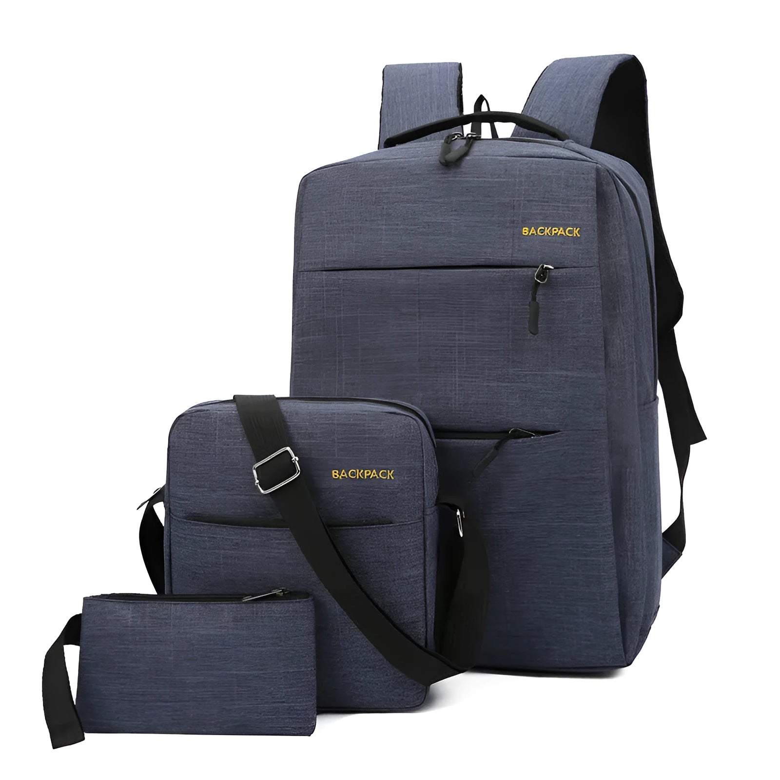 Men's three-piece computer bag set in black with USB charging port and multiple compartments