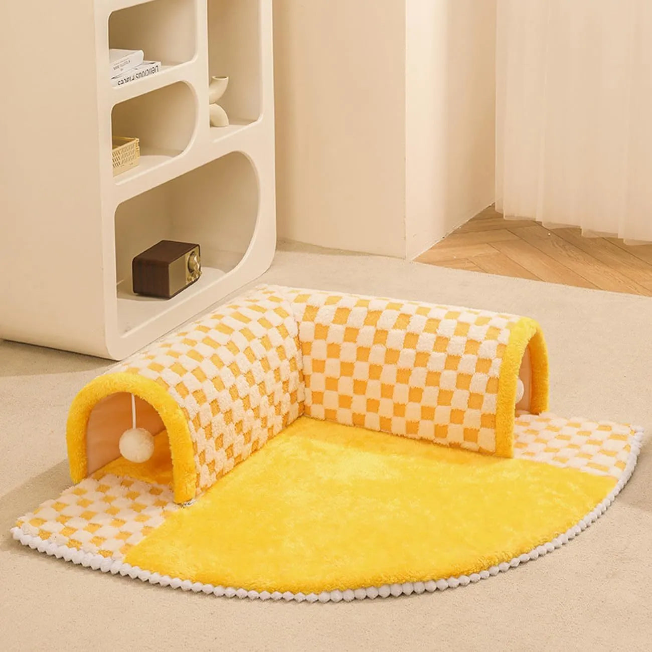 Coffee-coloured plush pet bed with integrated tunnel and anti-slip base for dogs and cats