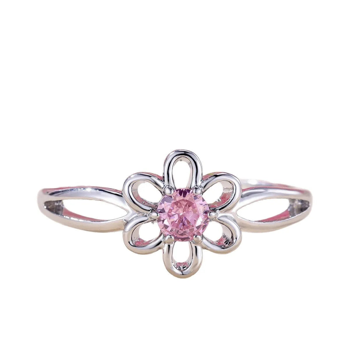 Lady's hollowed floral fashion ring in electroplated copper, platinum pink diamond colour.
