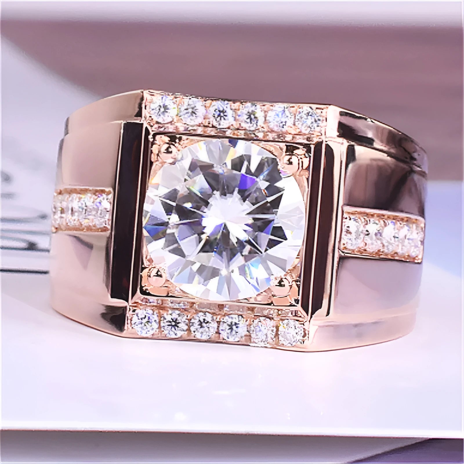 Men's geometric diamond zircon ring with adjustable opening in electroplated rose gold finish