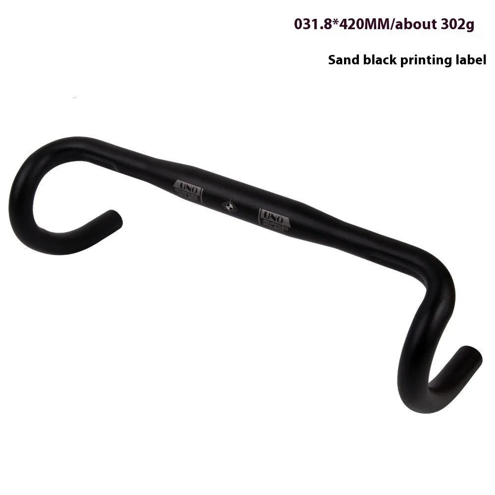 Black UNO aluminium alloy road bike drop handlebar showing bent shape and 31.8mm clamp area