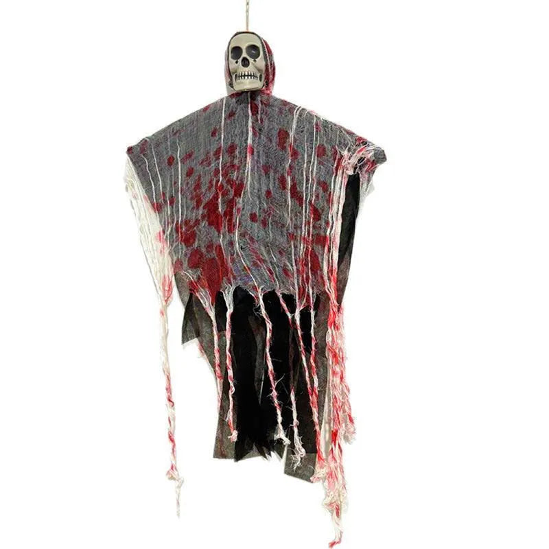 Plastic Halloween decoration featuring a blood-dyed luminous skull on a hanging ghost figure for outdoor displays.