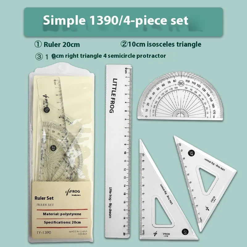 Transparent acrylic drawing ruler sets with square ruler and protractor for geometry and technical drafting