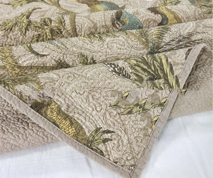 Blue American floral and bird quilted cotton bedspread set with three pieces for a double bed