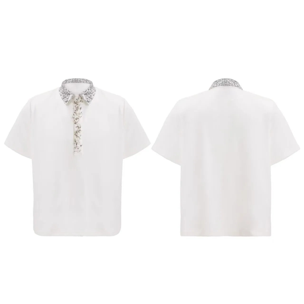 Men's black loose fit polo shirt with square collar and embroidery sequin details on sleeve.