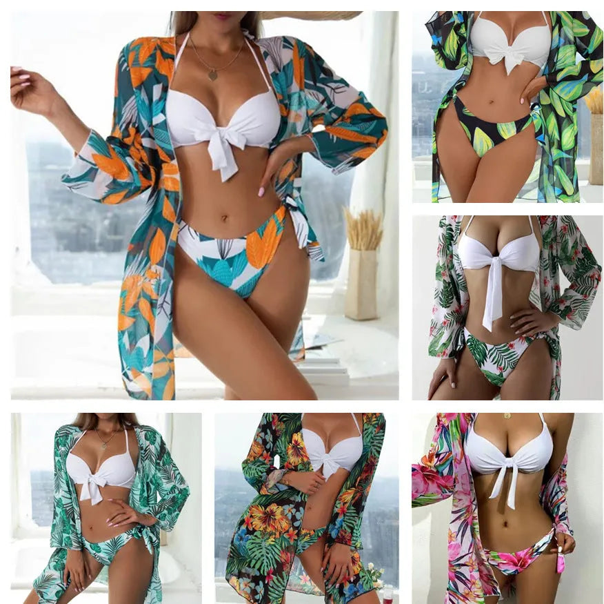 Women's three-piece bikini swimsuit set showing top, pants, and coat in mesh fabric.