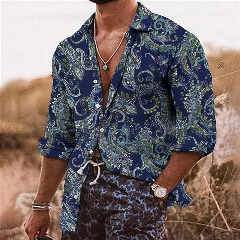 Men's loose fit Bohemian shirt with 3D floral digital printing in polyester fabric