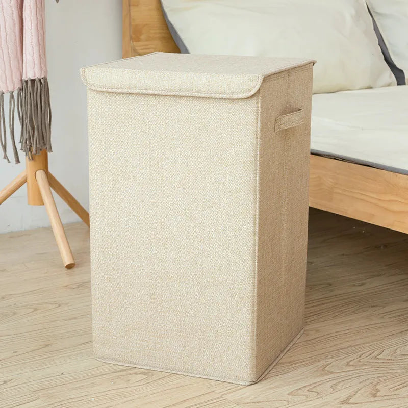 Three-dimensional foldable cotton linen storage basket in grey khaki or brown for clothes and books