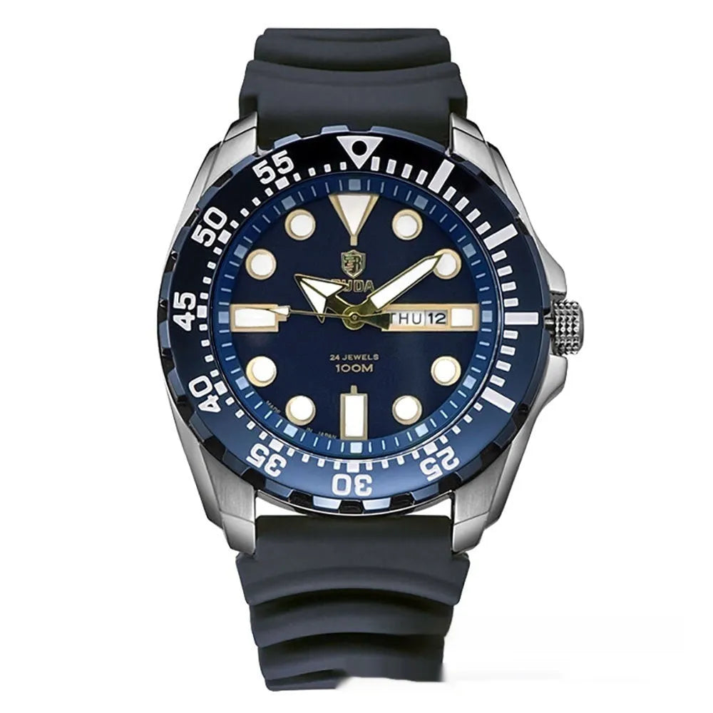 Men's waterproof quartz watch with luminous hands showing blue dial and steel bracelet option