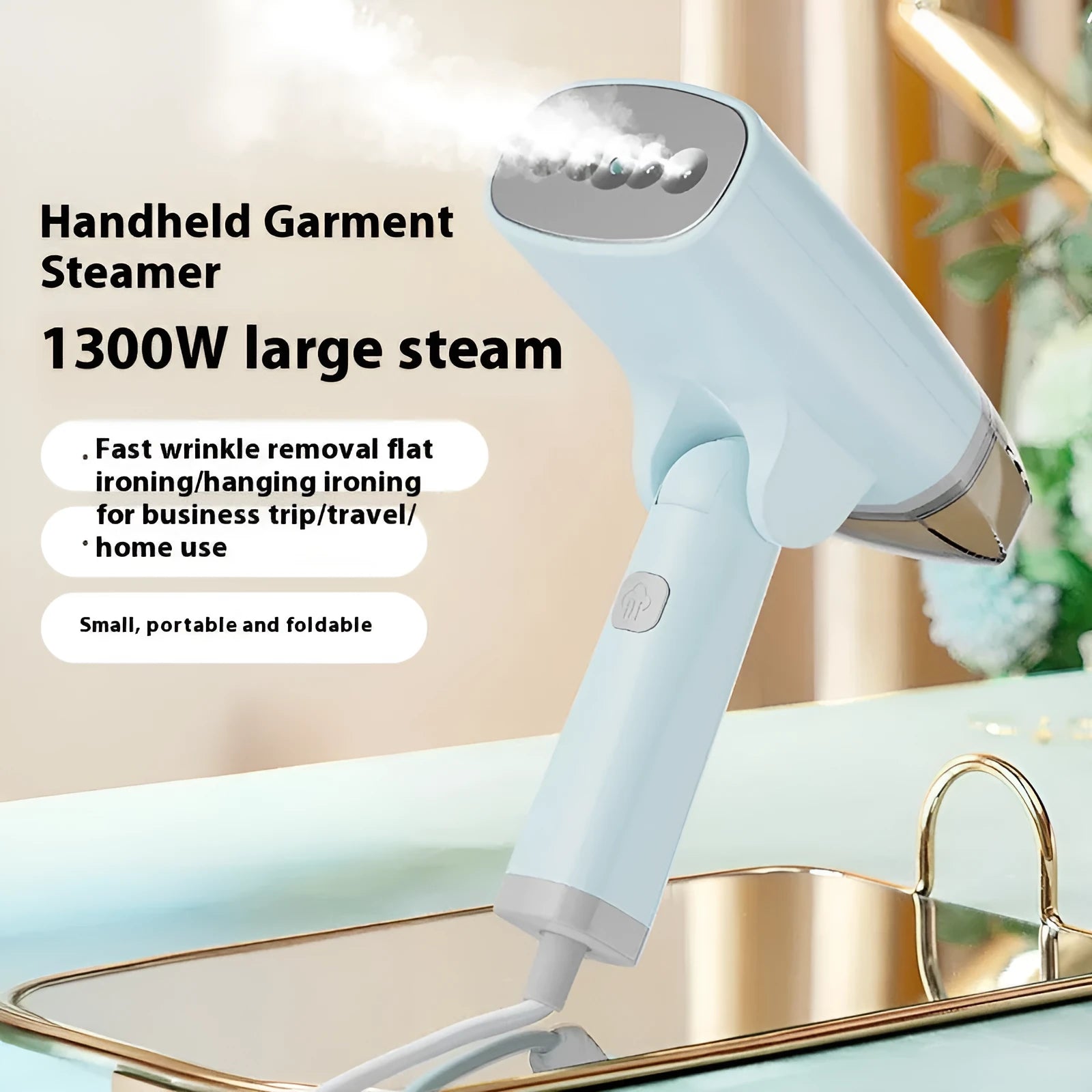 HB-668 handheld garment steamer in blue or white with 1300W power and 85ml water tank