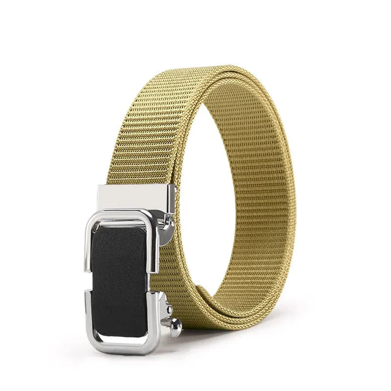 Toothless nylon canvas men's belt with alloy buckle shown in multiple colour options