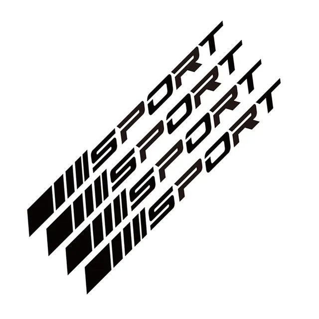 PET car rim stickers with hollow sports design in black, red, and white colours
