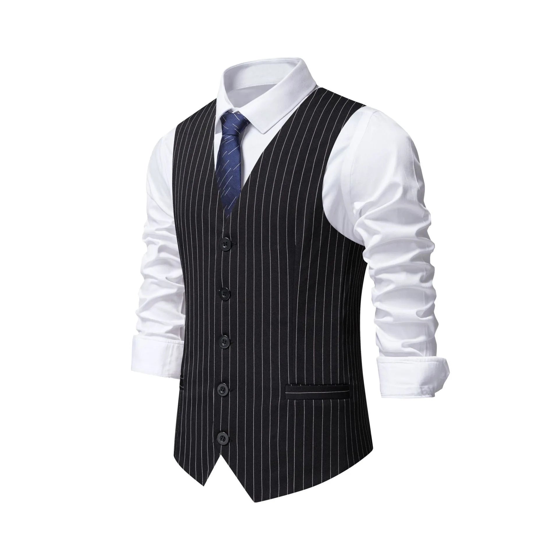 Men's striped suit vest in black, red, or khaki with a non-ironing polyester build and miter bottom hem.