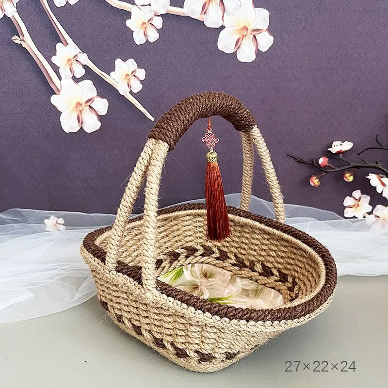 Hand-woven straw basket made from hemp rope, measuring 19cm tall and 12cm wide.