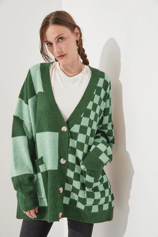 Grey printed checks knitwear cardigan on a model, showing loose slim fit and regular sleeves.