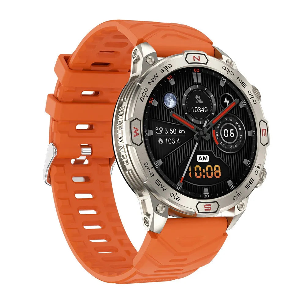 Sports smartwatch with AMOLED screen showing weather forecast, zinc alloy case, liquid silicone strap