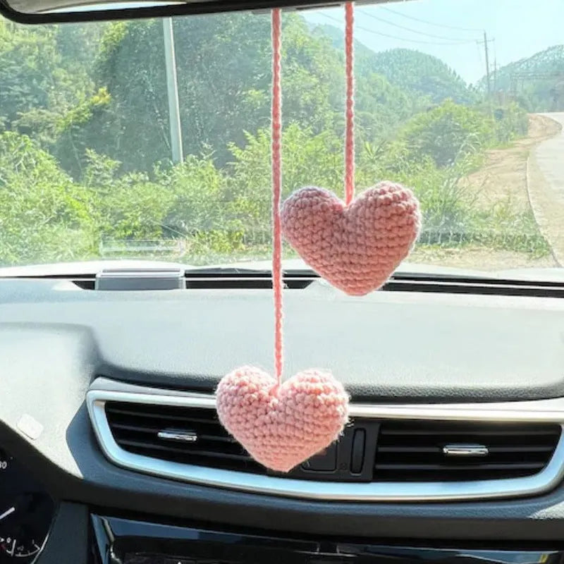 Green and white knitted wool car plant decoration with 25cm hanging rope