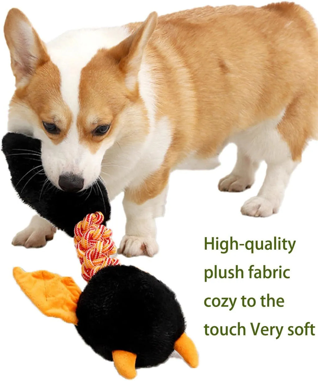 Plush dog toy with cartoon shape, rope knot, in black, green, or red on white background.