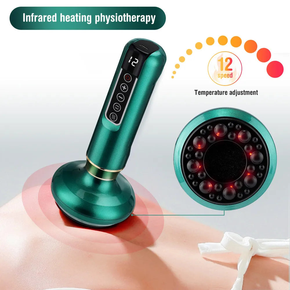Green electric vacuum cupping massager device with suction cups and USB charger.