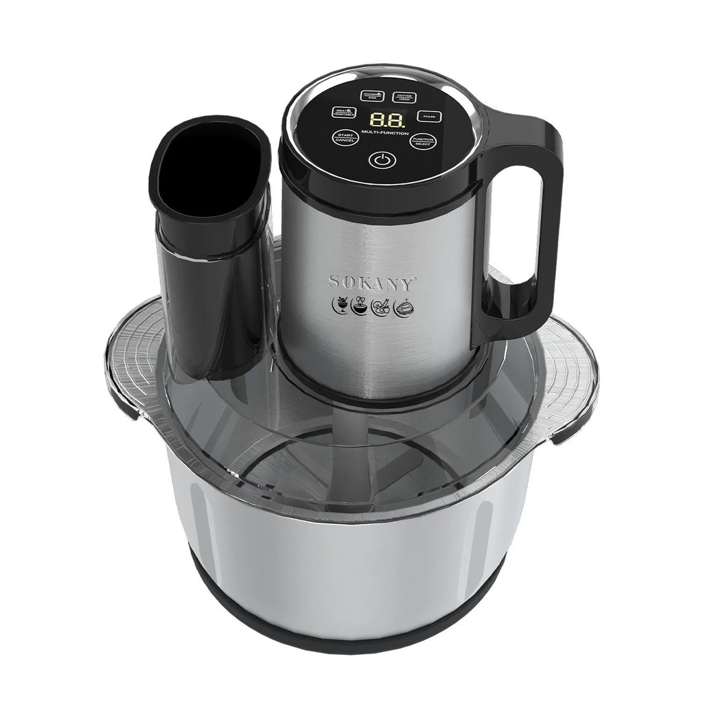 Stainless steel meat grinder with adjustable speed control for home food preparation