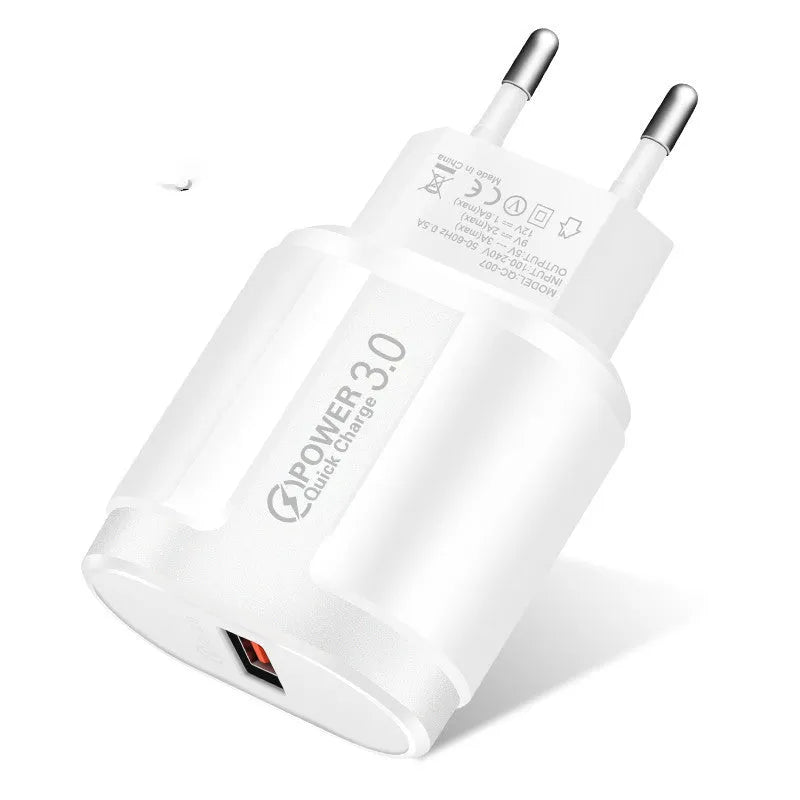 White and black smart charger for mobile phones with compact dimensions and multiple plug options
