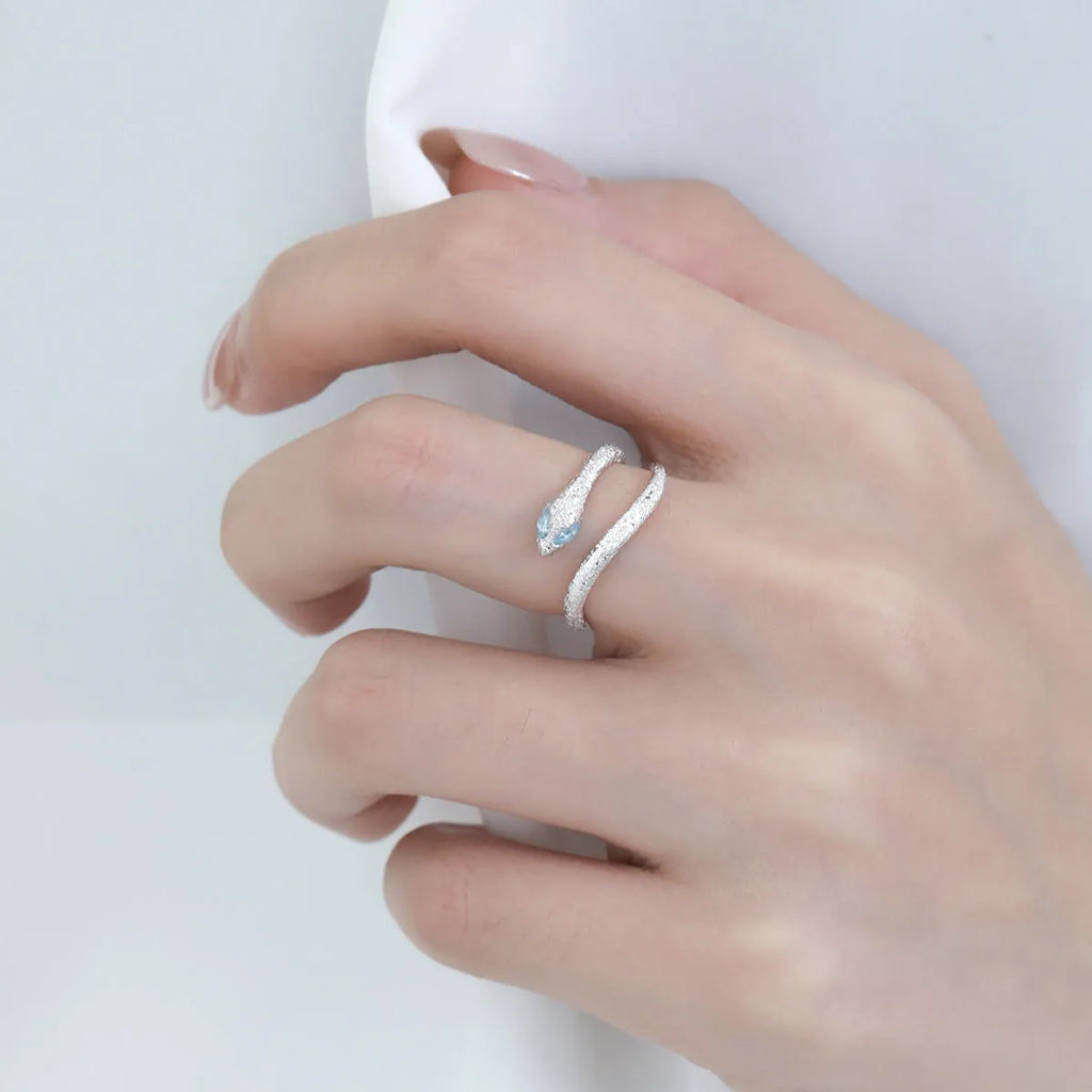 Women's adjustable silver snake ring with white gold electroplated finish