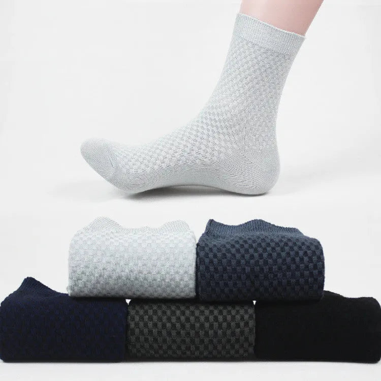 Men's bamboo fibre business socks with small square pattern in black, navy blue, and grey colours.