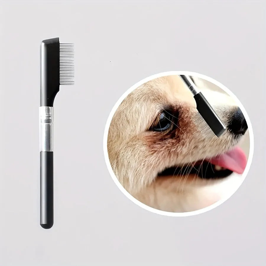 Black pet grooming brush with soft tear stain remover and comb attachment for dogs and cats