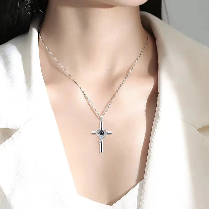 'I Love You' projection necklace pendant in copper with heart and cross design